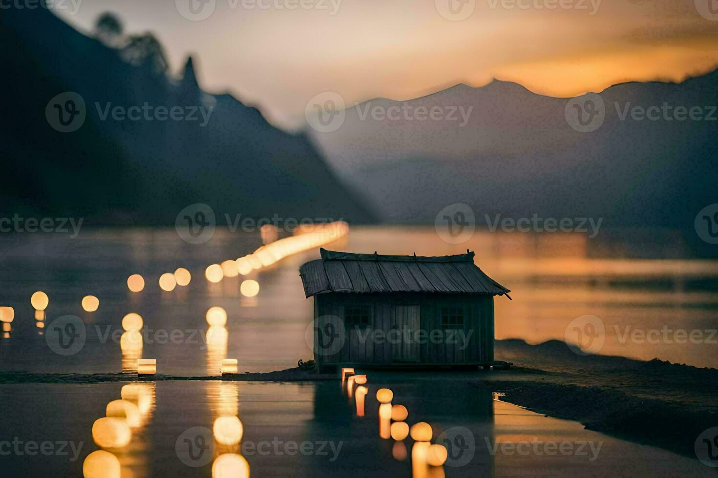 a small house sits on the shore of a lake at sunset. AI-Generated photo