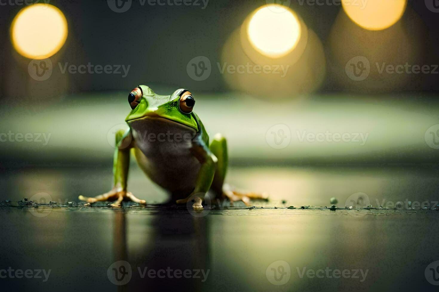 a frog sitting on the floor with lights in the background. AI-Generated photo