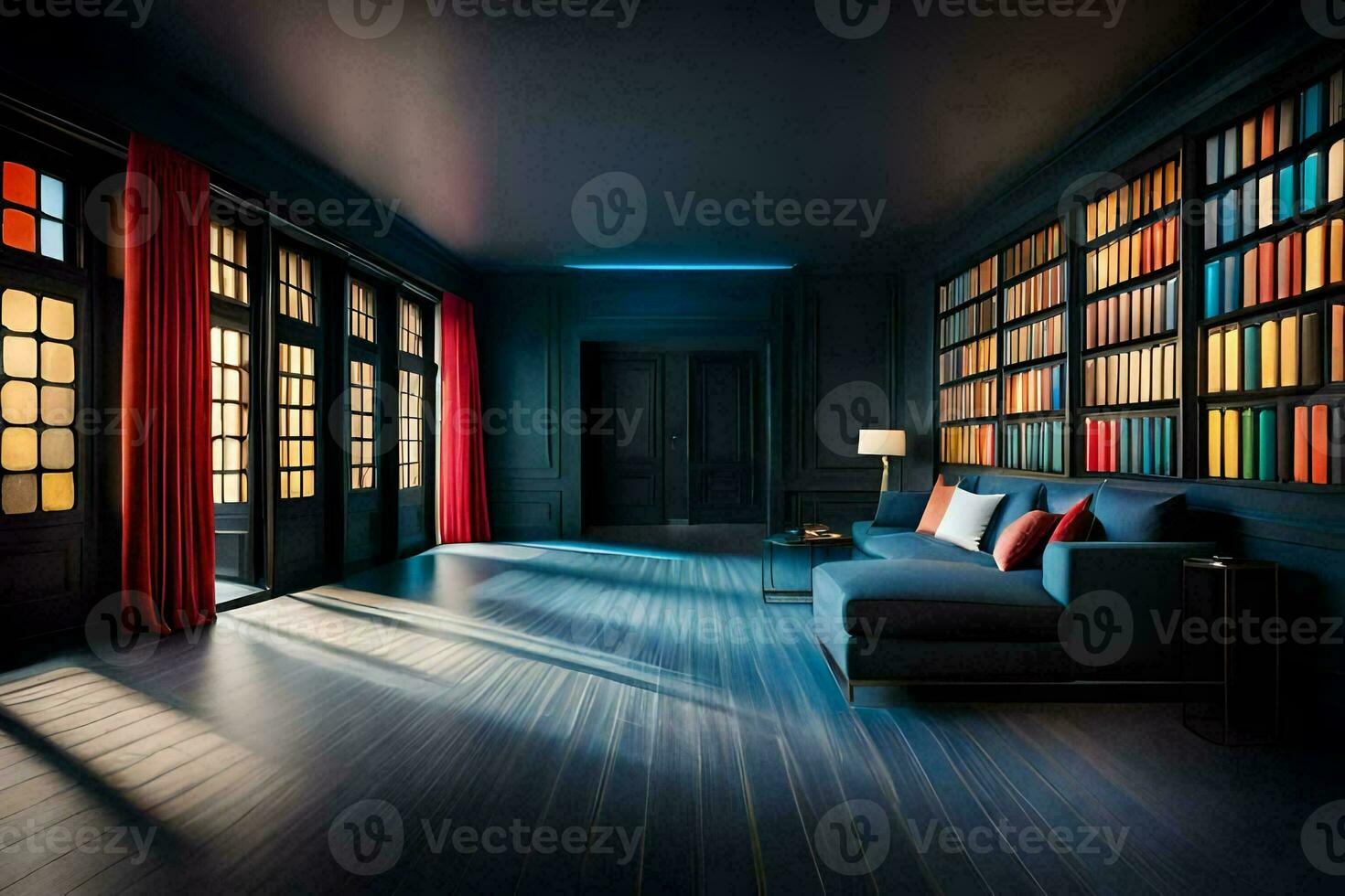 a room with a blue couch and red bookshelves. AI-Generated photo