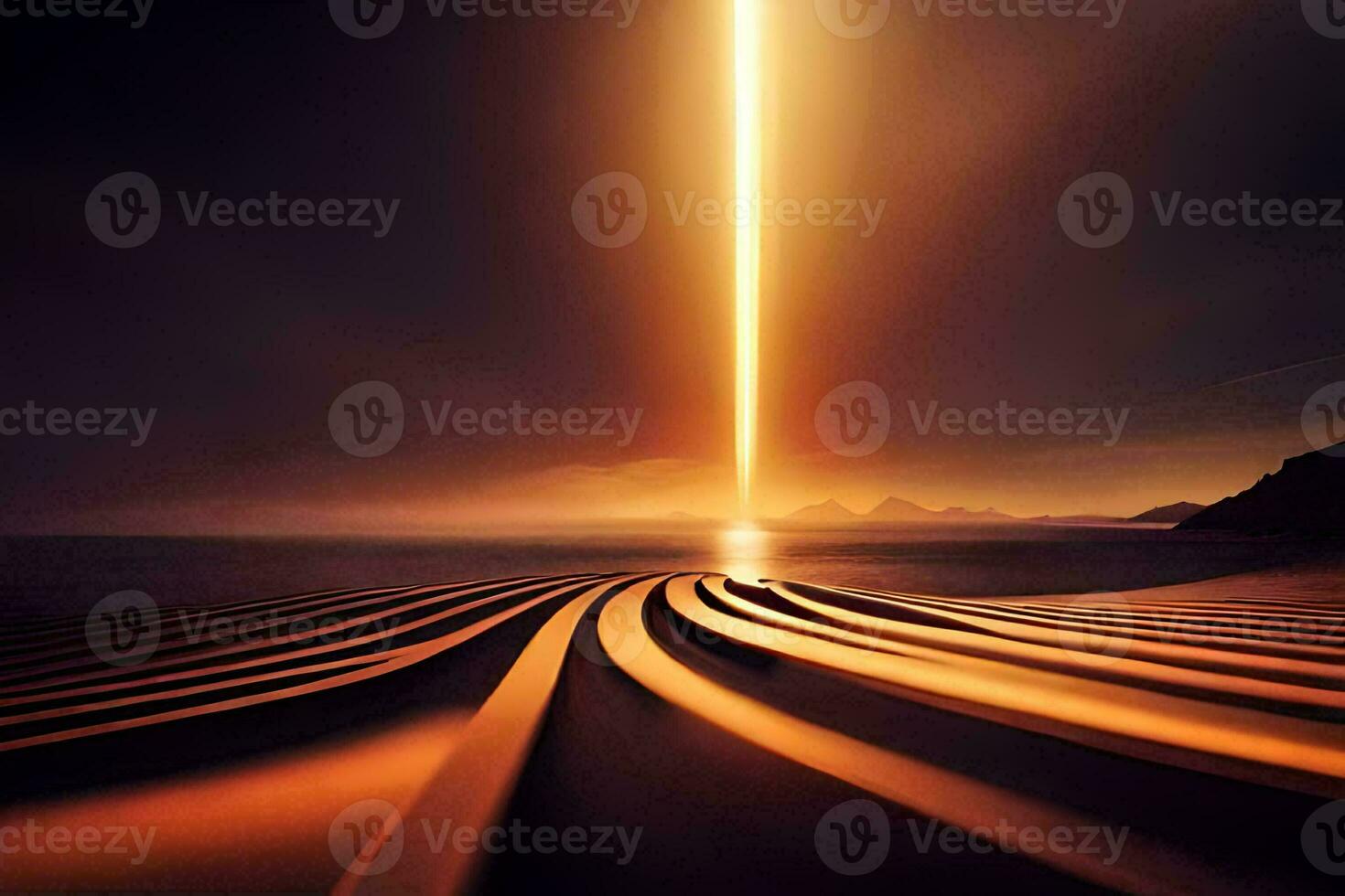 the sun is shining over a long line of light. AI-Generated photo