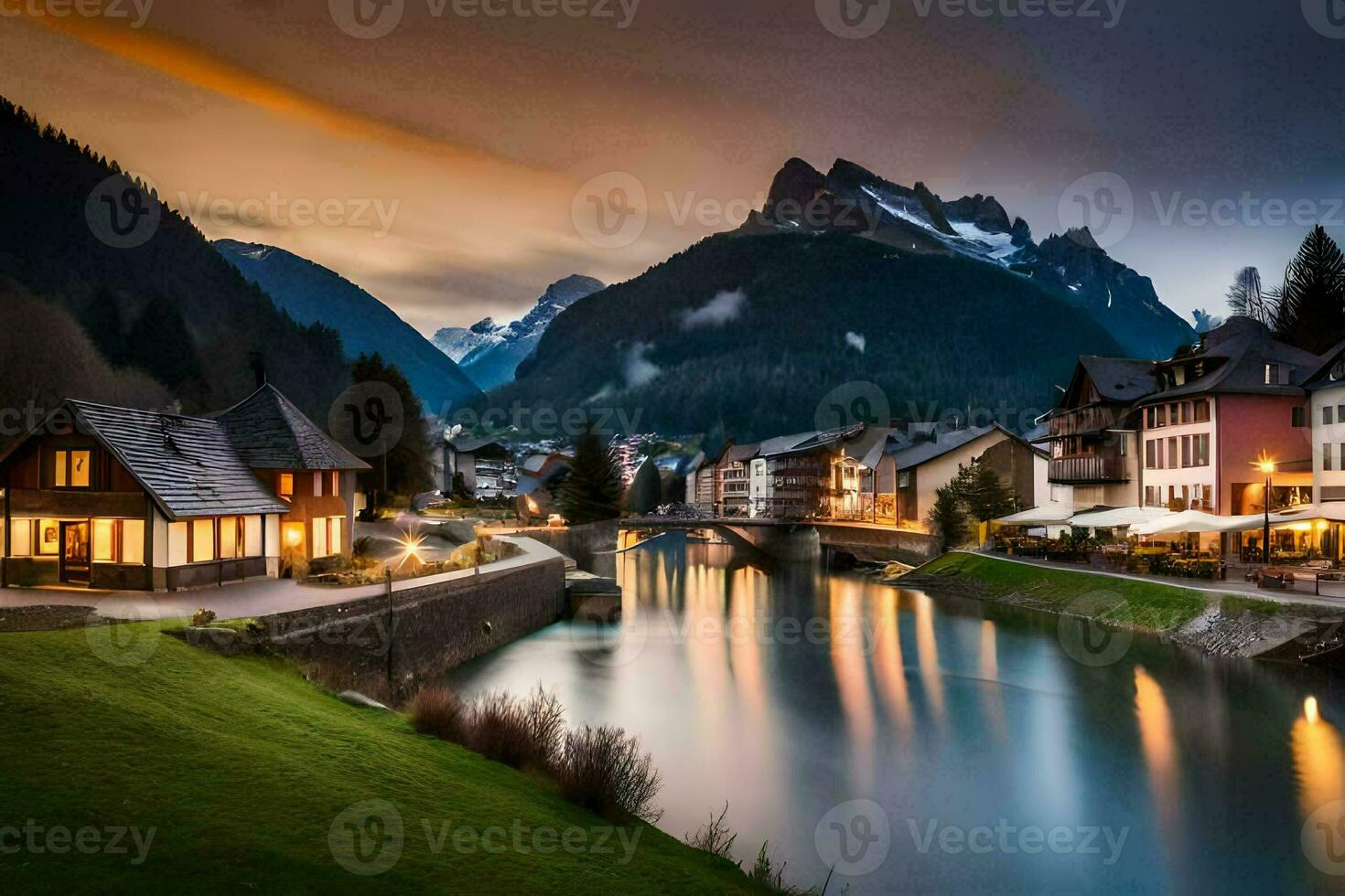 un río y casas en el montañas a oscuridad. generado por ai foto