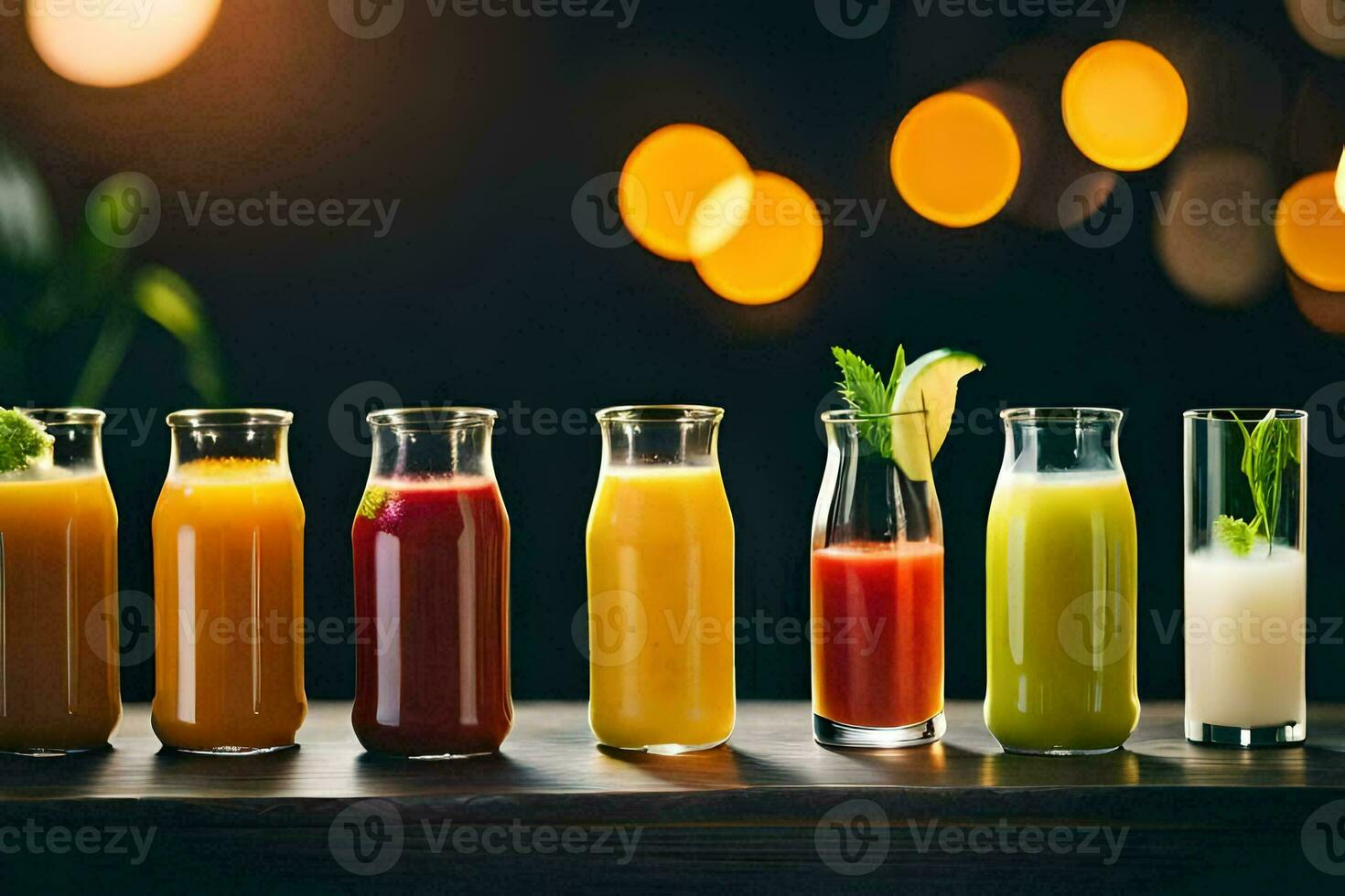 a row of different juices in glass bottles. AI-Generated photo