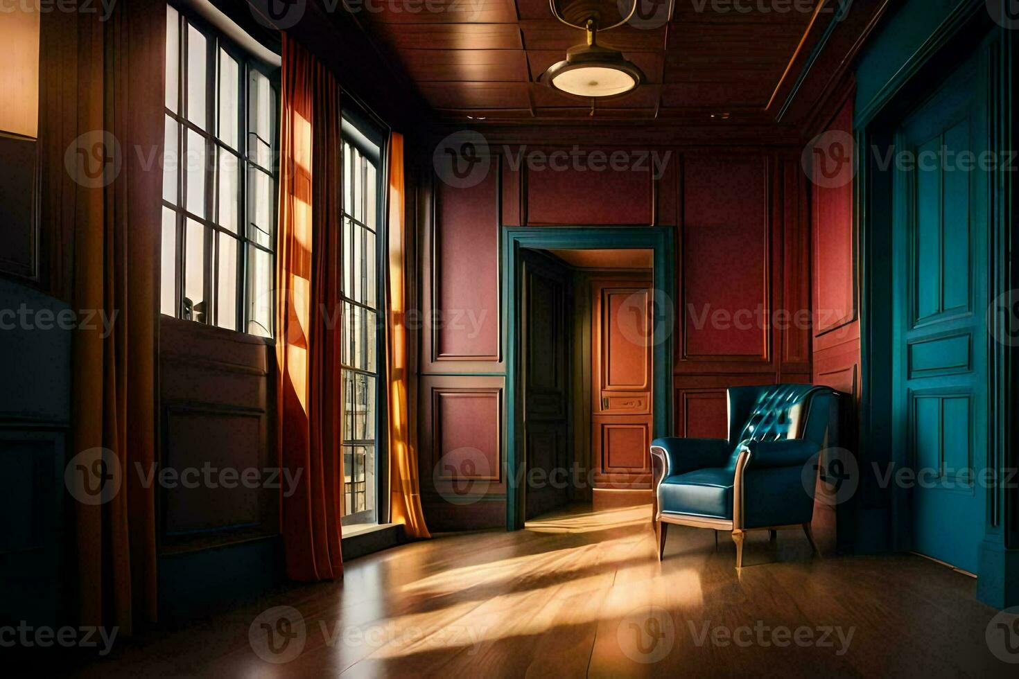 a room with red walls and blue furniture. AI-Generated photo