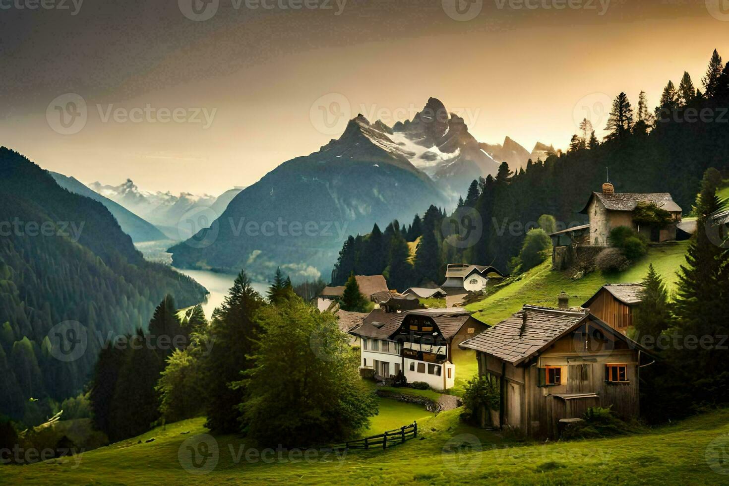 a small village in the mountains with a lake. AI-Generated photo