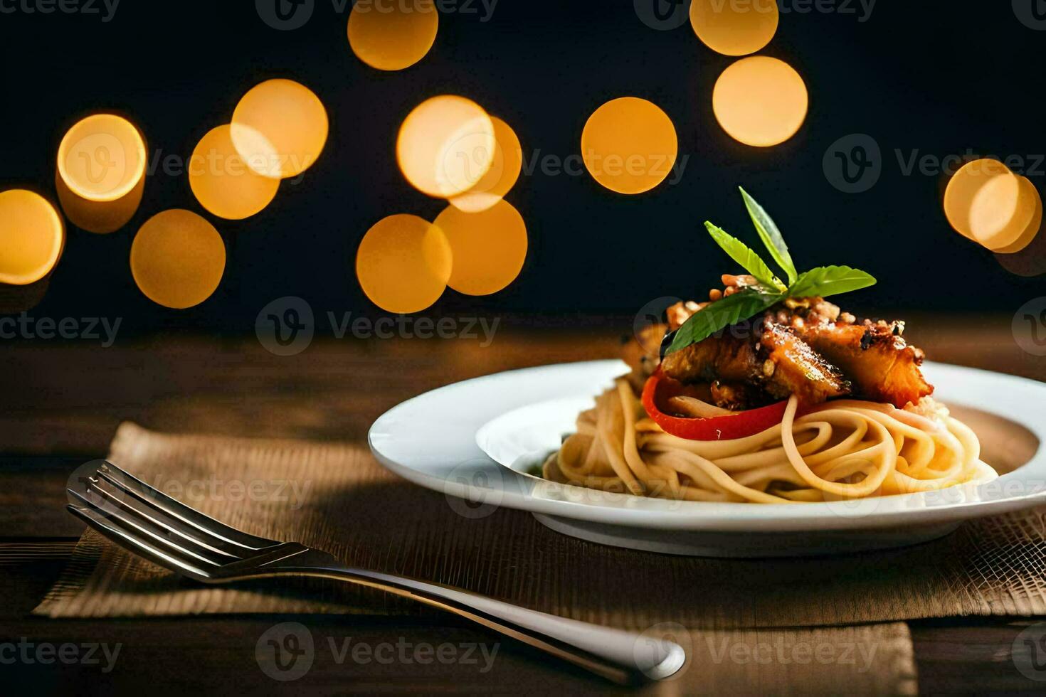 spaghetti with meat and vegetables on a plate. AI-Generated photo