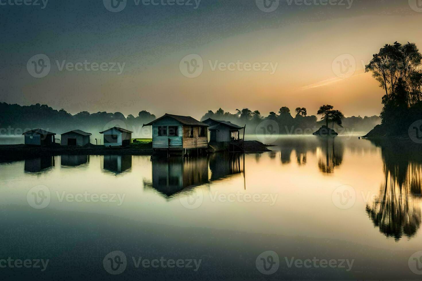a lake with houses on it at sunrise. AI-Generated photo