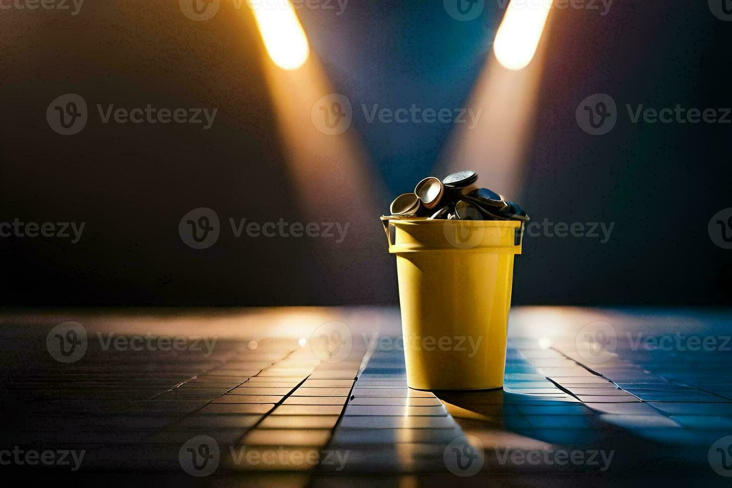 a yellow bucket with coins sitting on the floor. AI-Generated photo