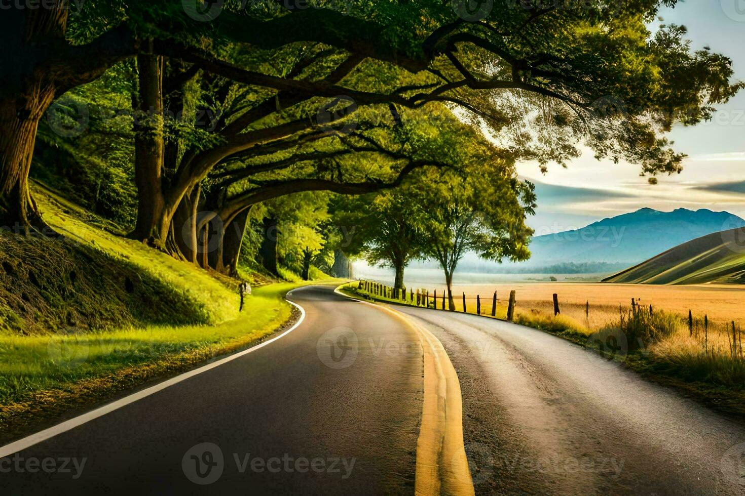 a road with trees and grass on either side. AI-Generated photo