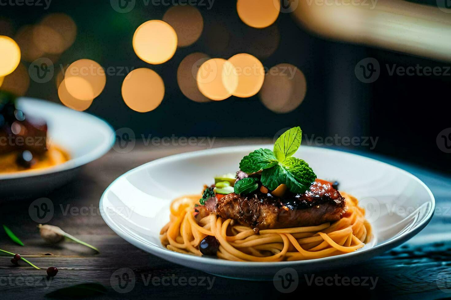 spaghetti with meat and herbs on a wooden table. AI-Generated photo
