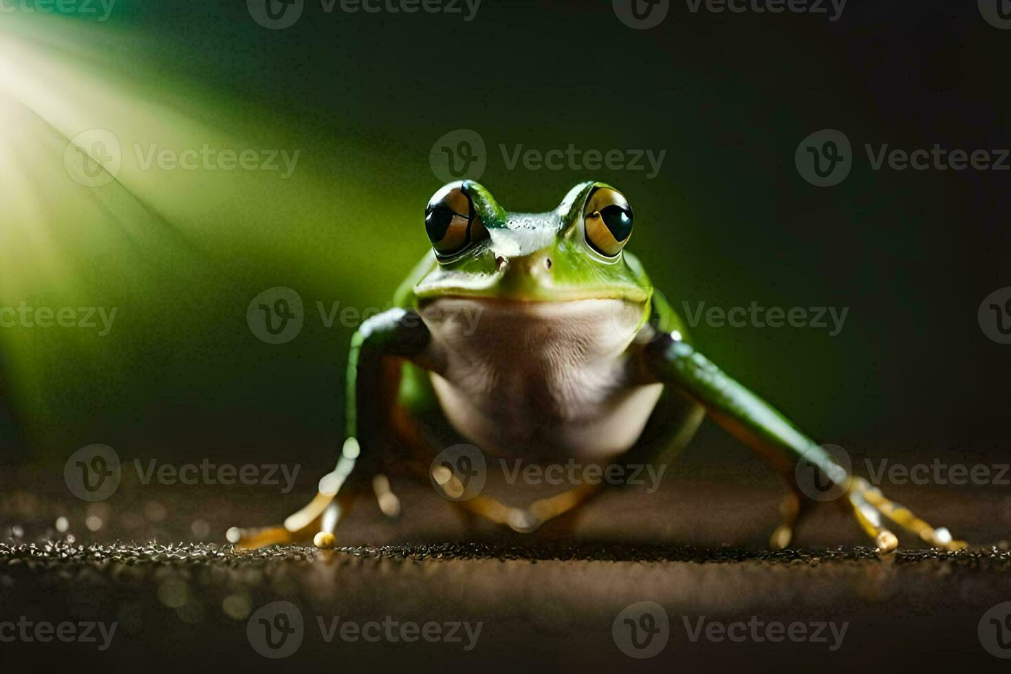 a frog is standing on the ground with a bright light behind it. AI-Generated photo