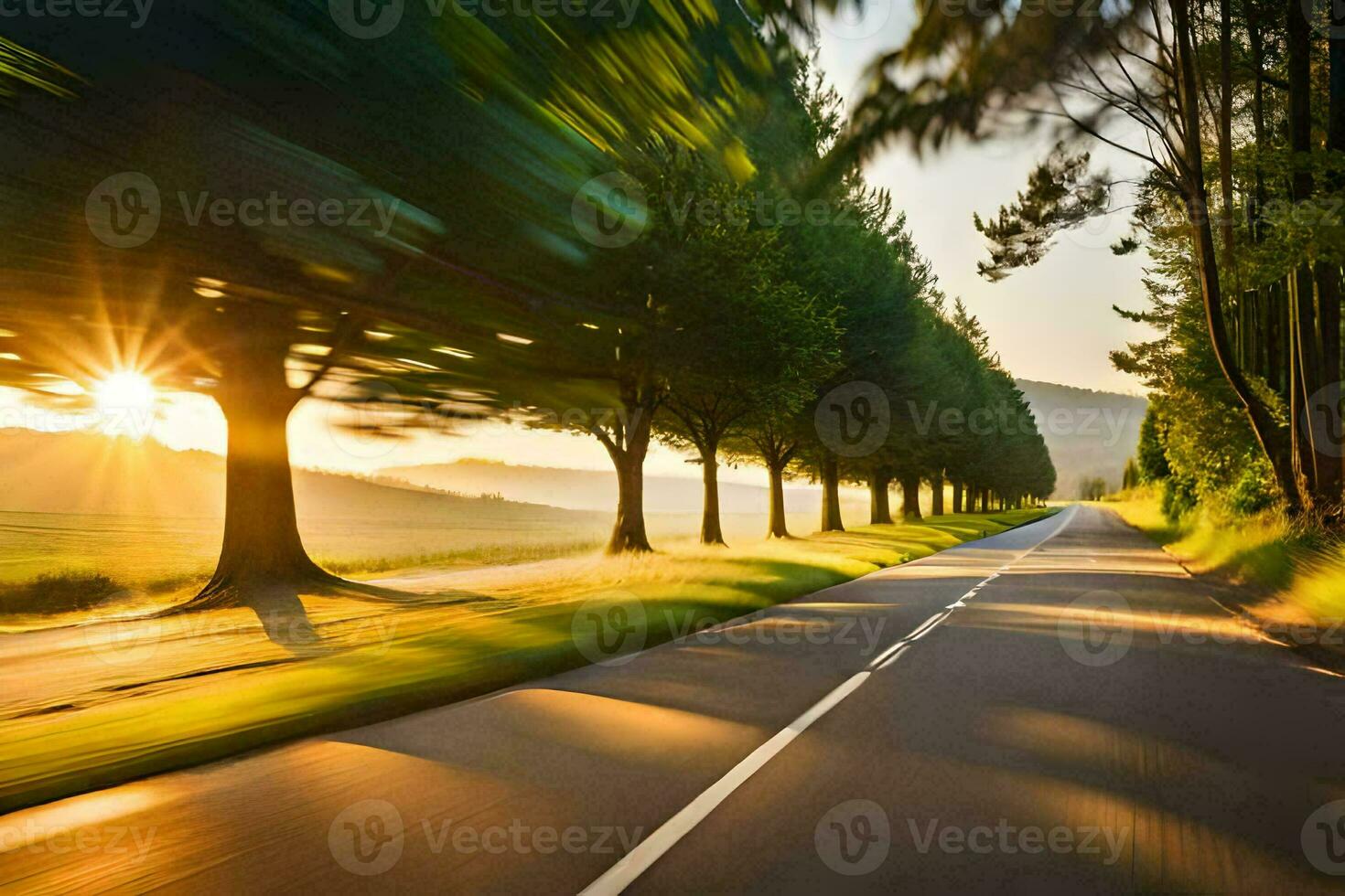 a road with trees and the sun setting behind it. AI-Generated photo