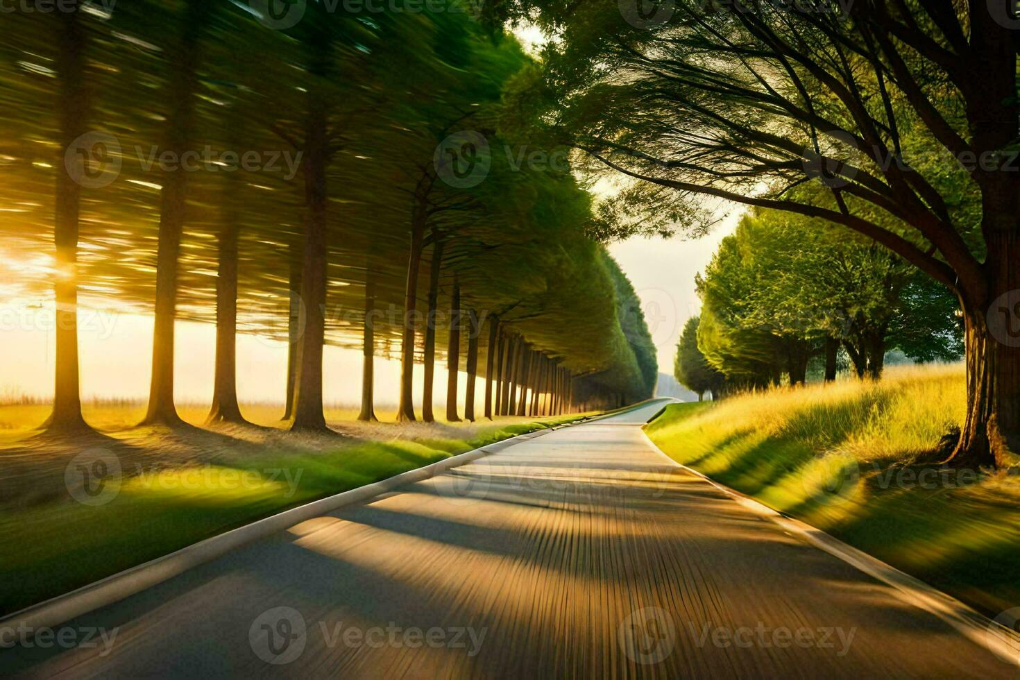 a long road with trees and grass in the background. AI-Generated photo