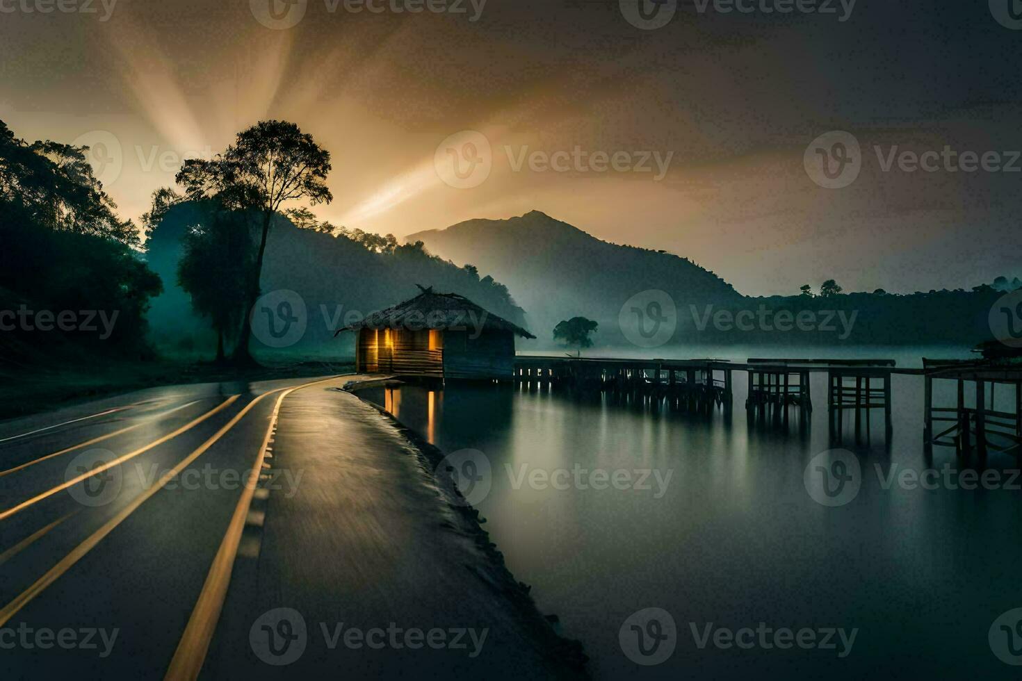 a long exposure photograph of a bridge over a lake. AI-Generated photo