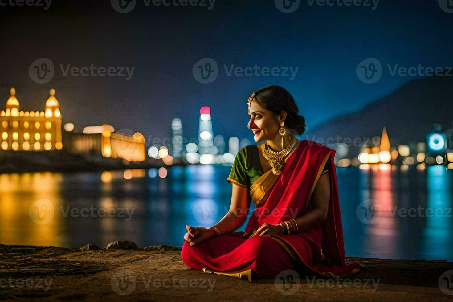 un mujer en un sari meditando por el agua a noche. generado por ai foto