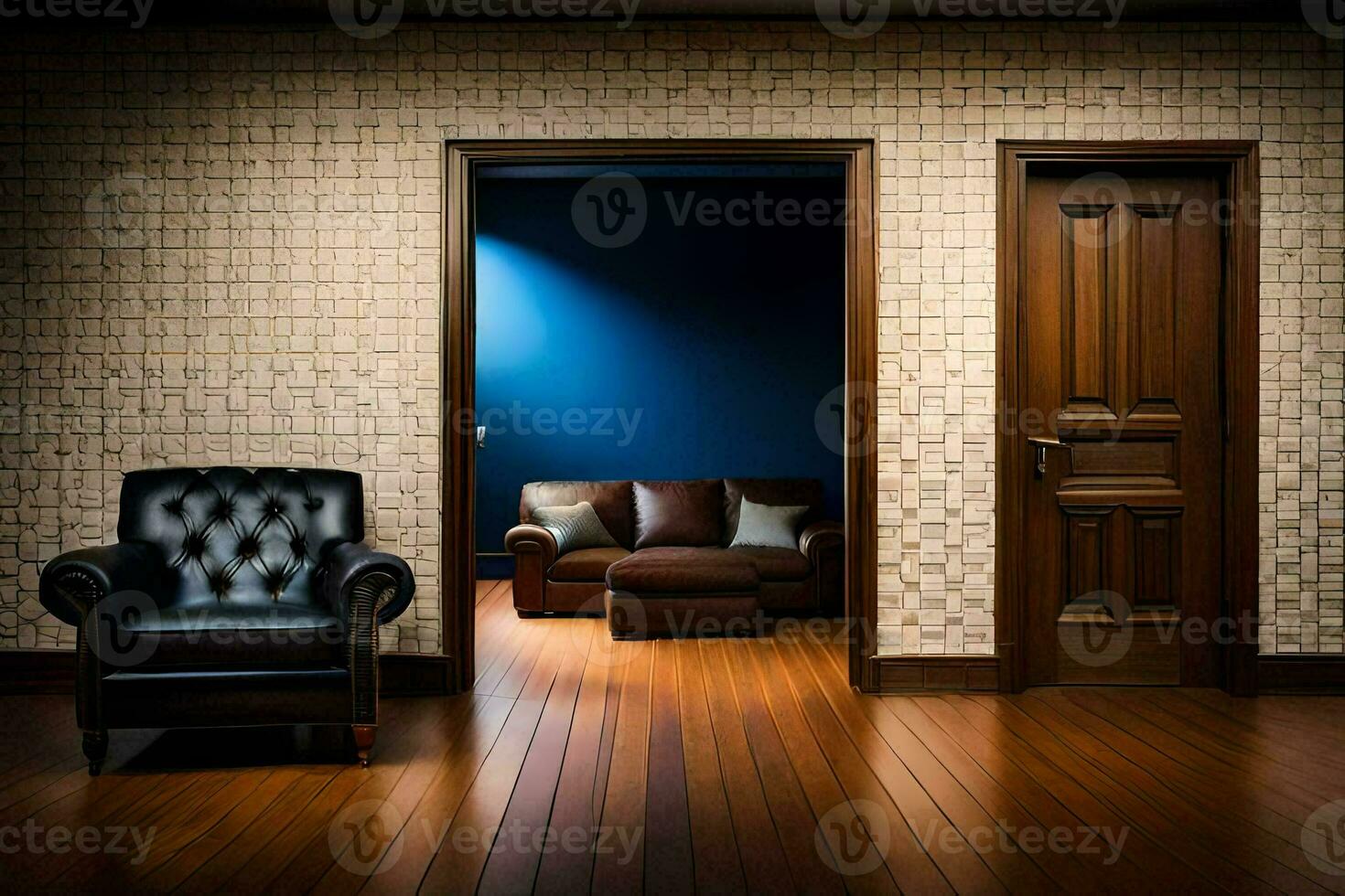 a room with a leather chair and a door. AI-Generated photo