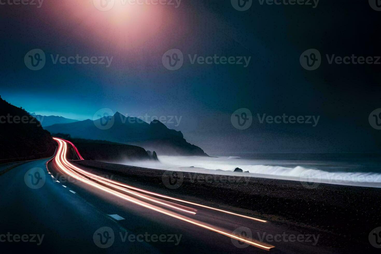 a long exposure photograph of a road and ocean at night. AI-Generated photo