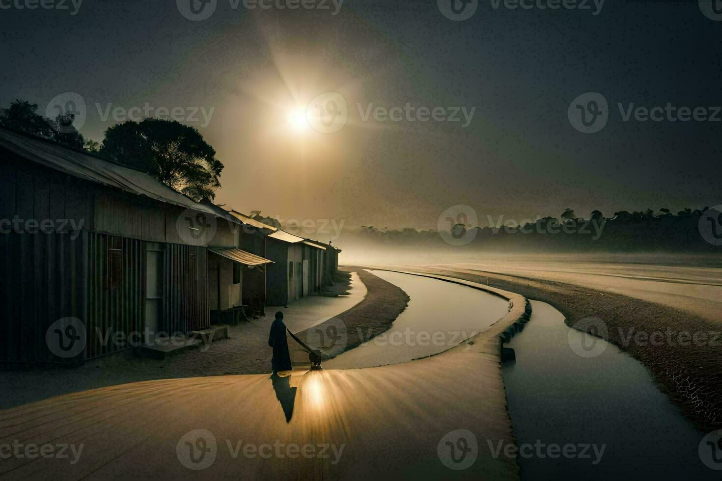 a man walks along a river in the fog. AI-Generated photo