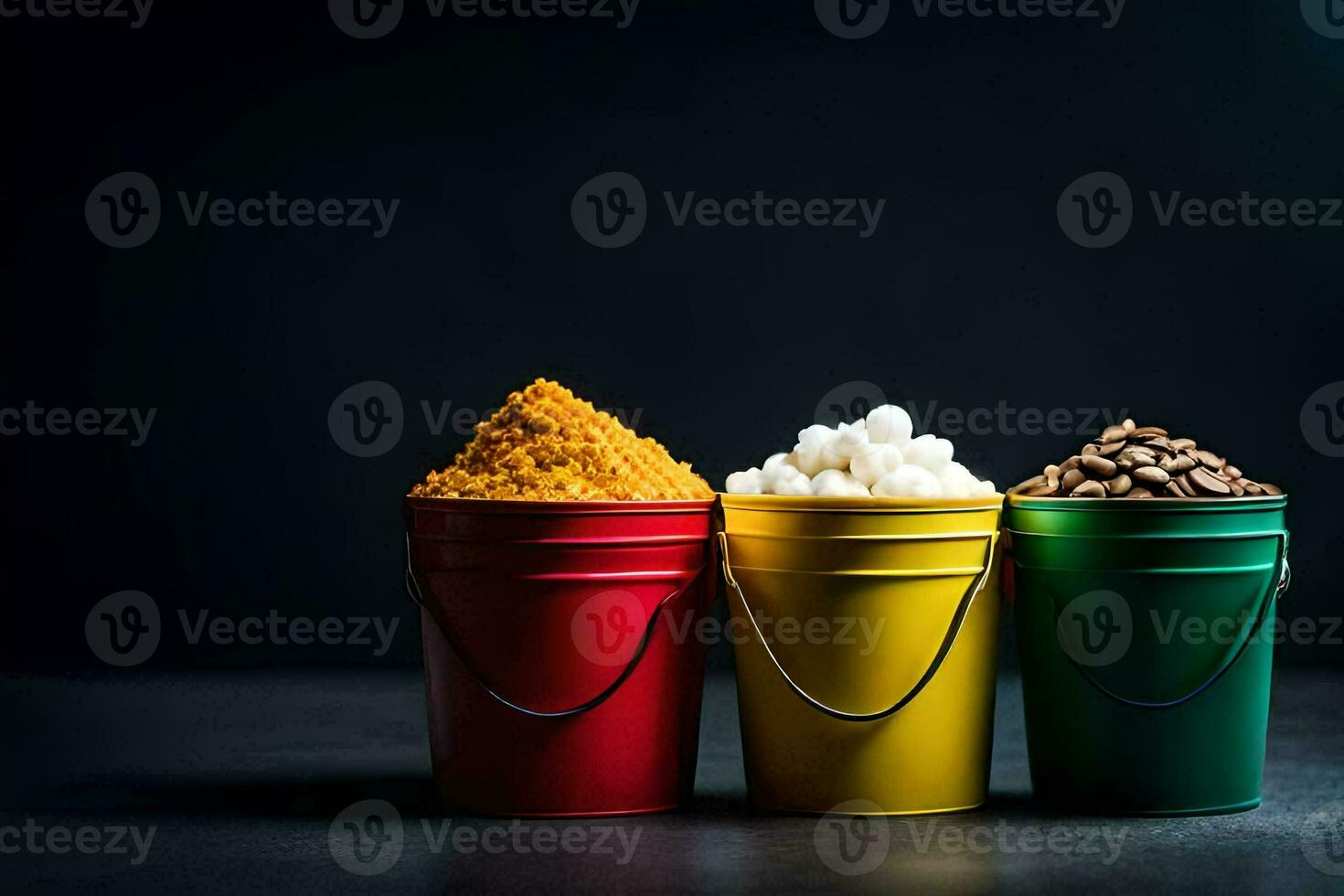 three buckets of different colored food on a dark background. AI-Generated photo