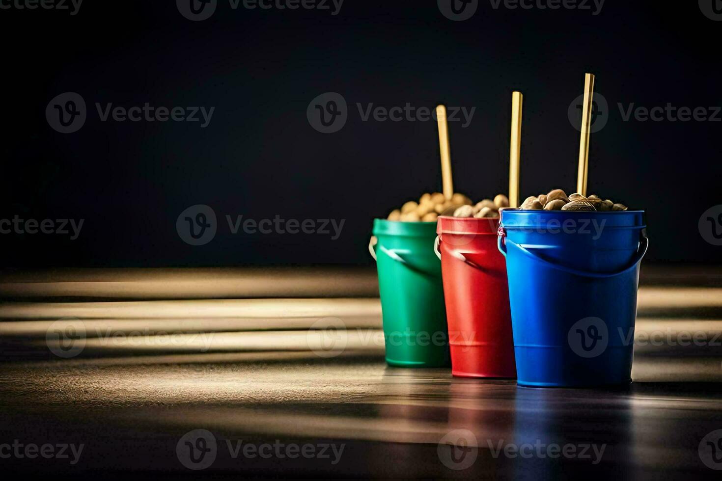 three buckets with wooden sticks and peanuts. AI-Generated photo