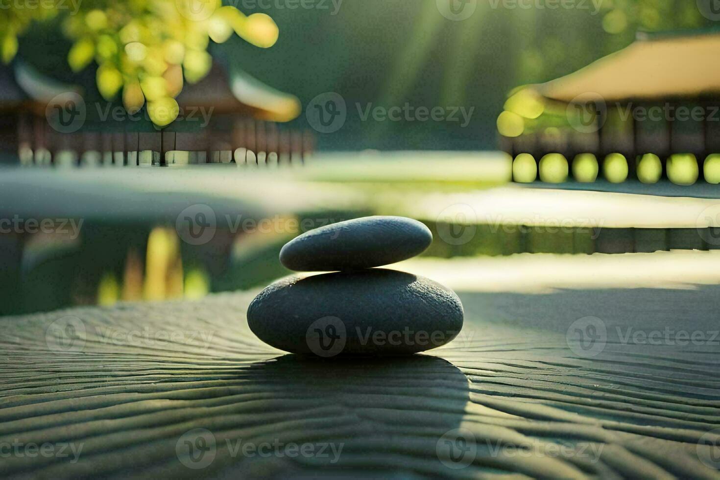 two stones are sitting on the sand near a pond. AI-Generated photo