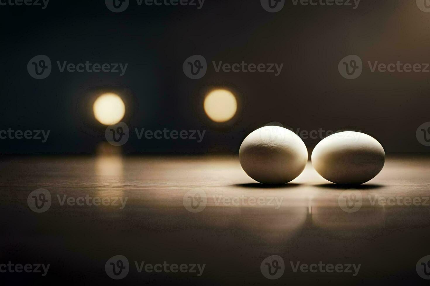 two eggs on a table with lights in the background. AI-Generated photo