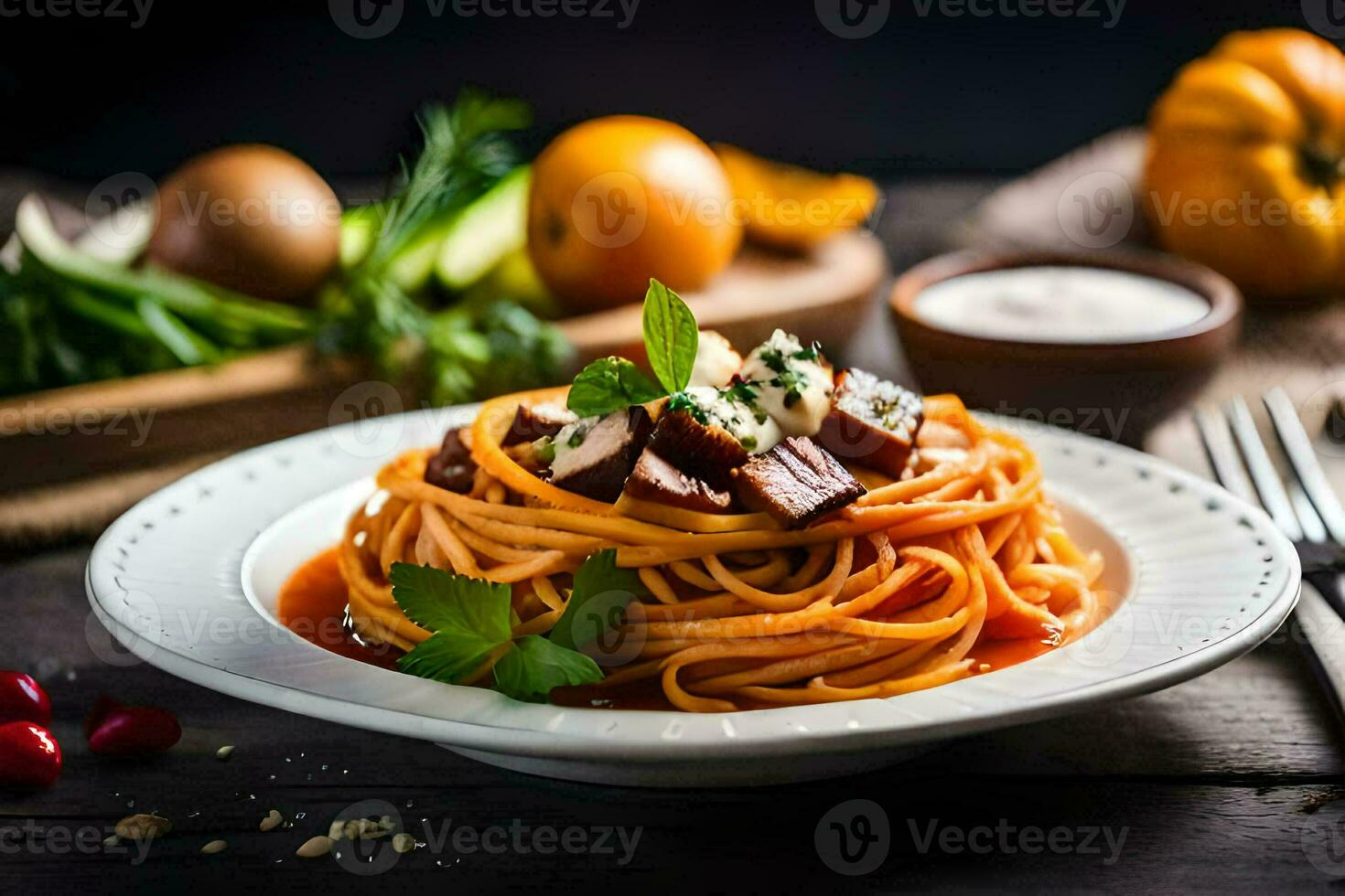 spaghetti with meat and vegetables on a plate. AI-Generated photo