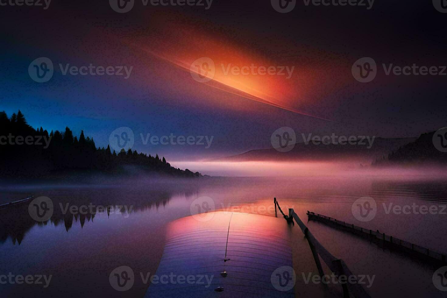 a boat sits on the water at sunset. AI-Generated photo