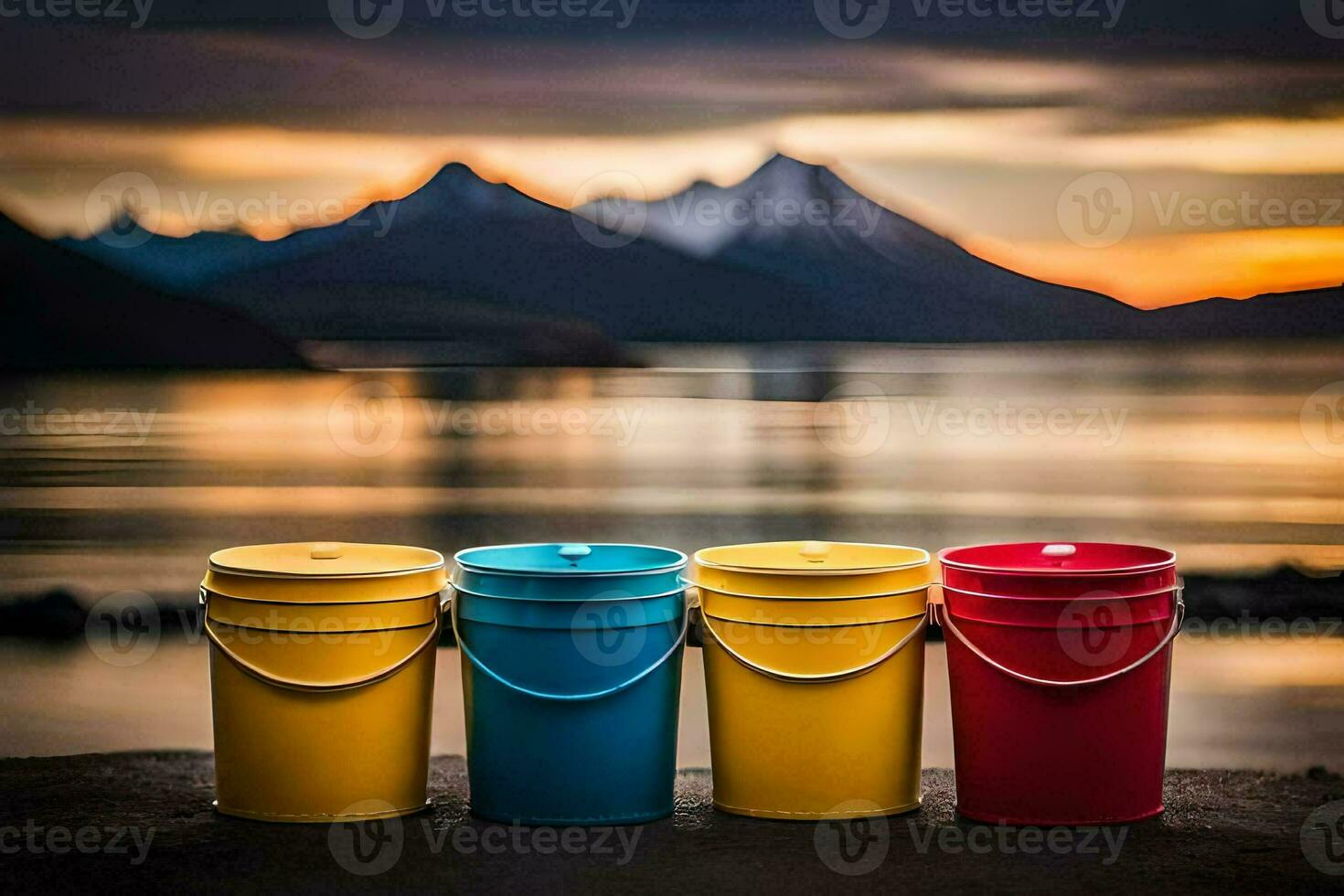 three colorful buckets sit on the ground near a lake. AI-Generated photo