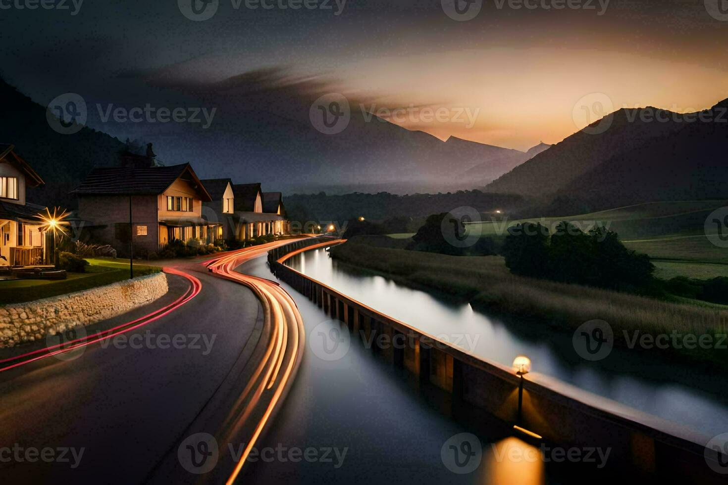 a long exposure photograph of a road and houses in the mountains. AI-Generated photo