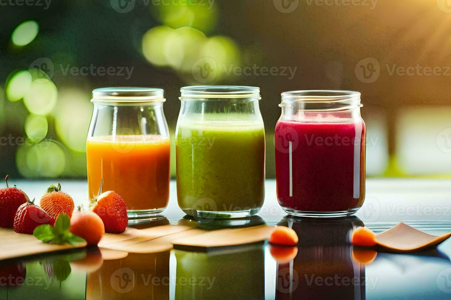 three different types of juices are shown on a table. AIGenerated