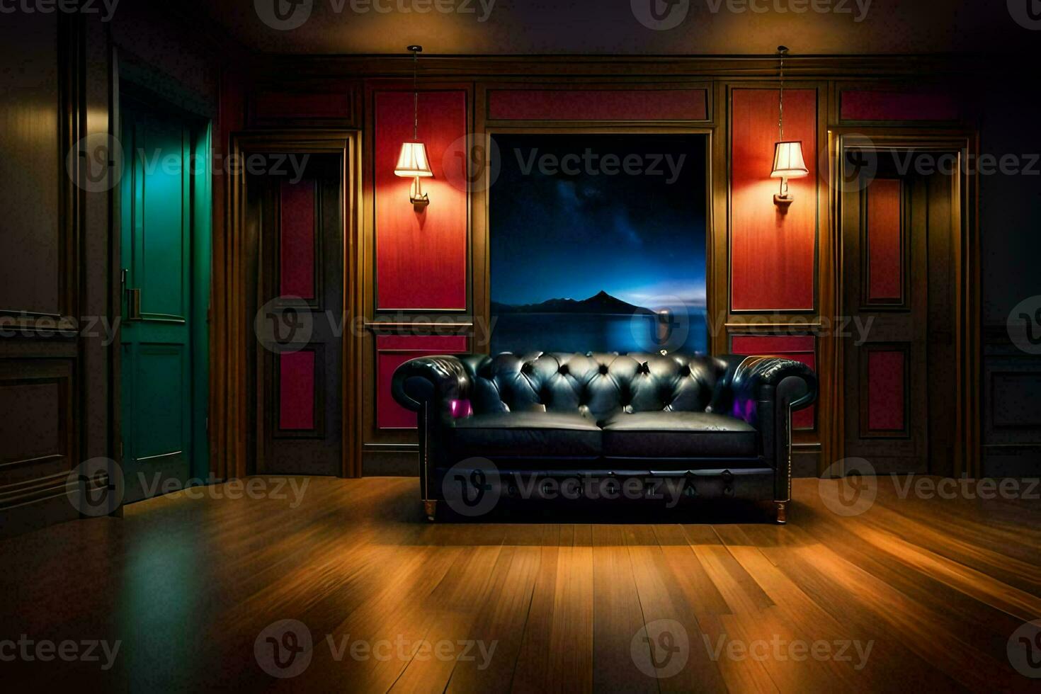 a black leather couch in a room with red walls. AI-Generated photo