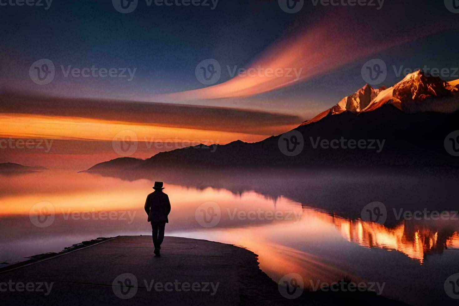 a man standing on a dock looking at the mountains. AI-Generated photo