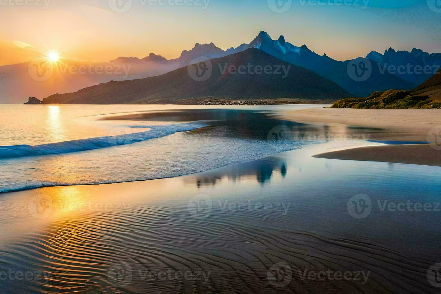 the sun rises over the mountains and the beach. AI-Generated photo