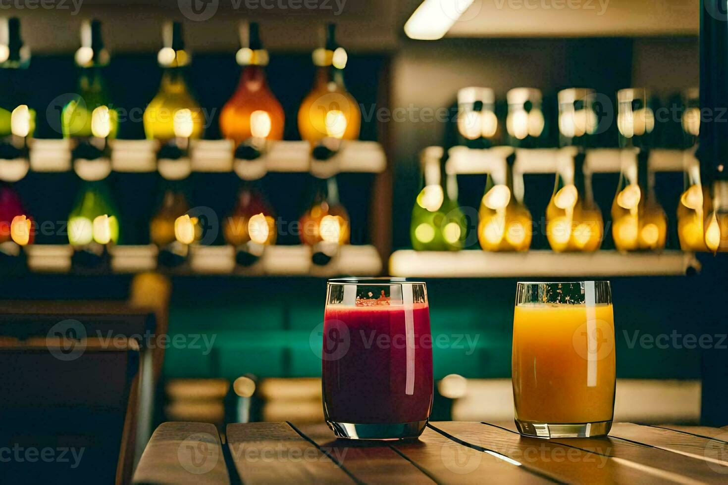 two glasses of juice on a wooden table. AI-Generated photo