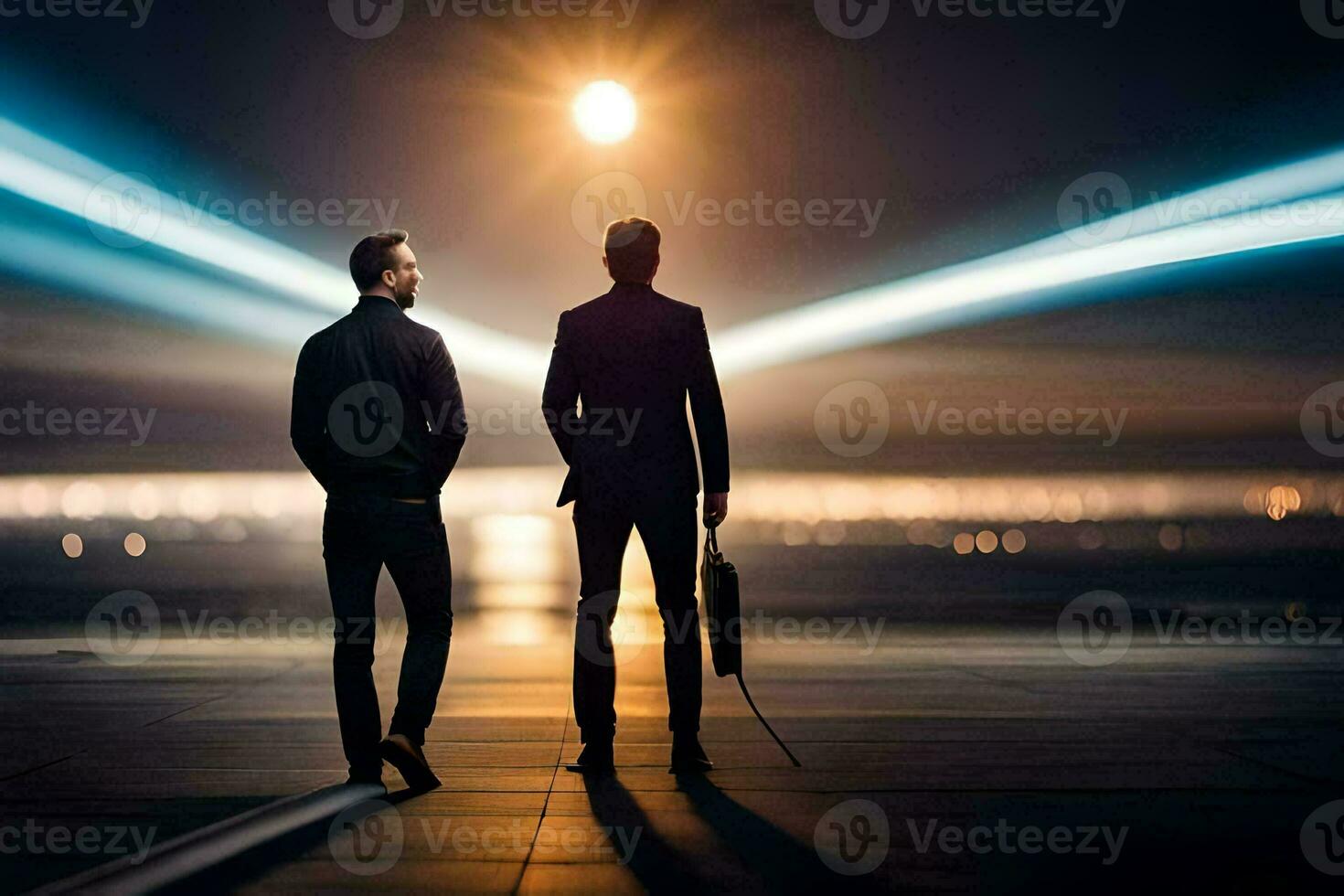 two men standing on a concrete floor with a light shining on them. AI-Generated photo