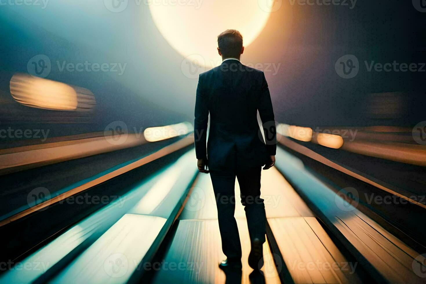 a man in a suit walks down a long tunnel. AI-Generated photo