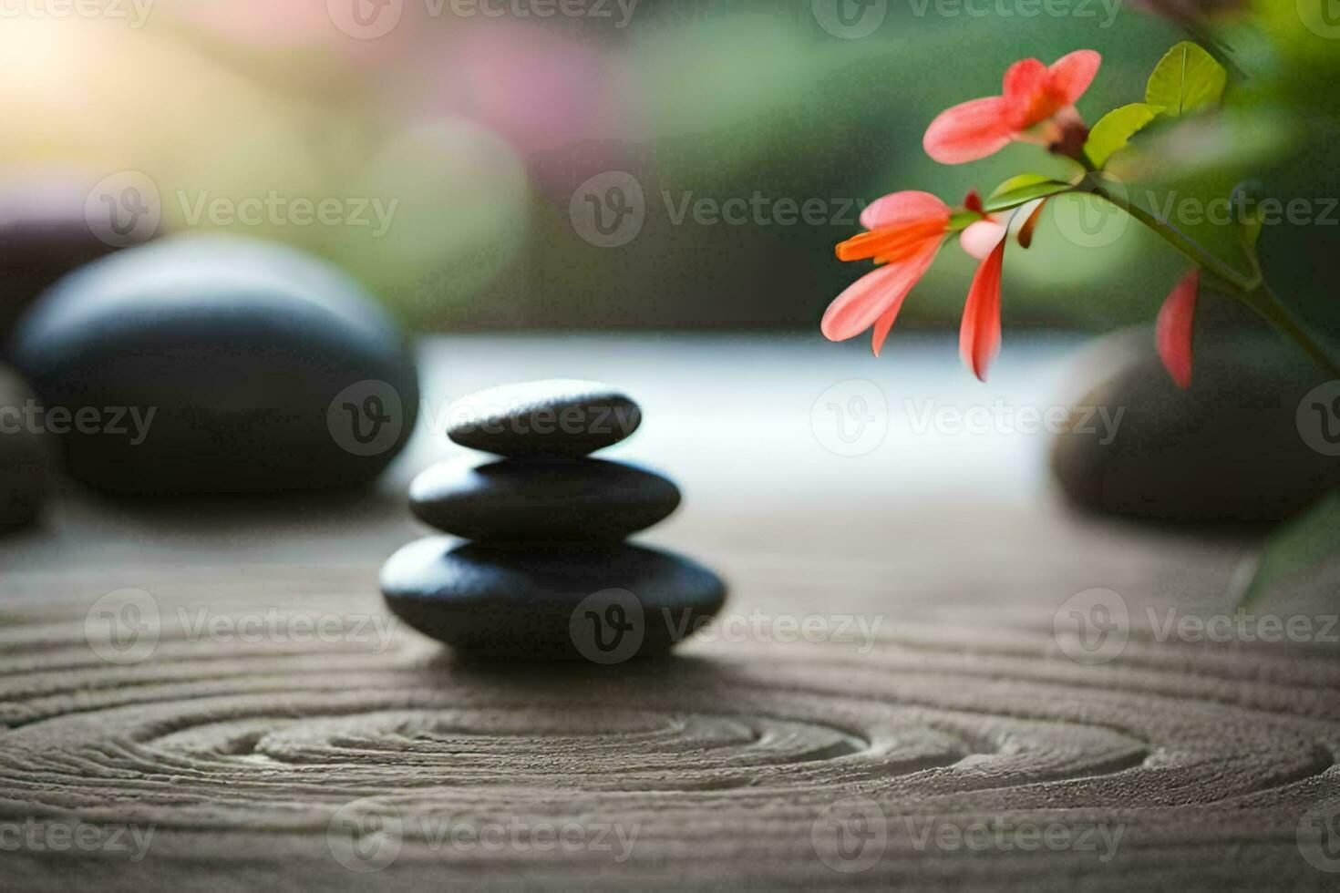 zen stones on a wooden table with flowers. AI-Generated photo