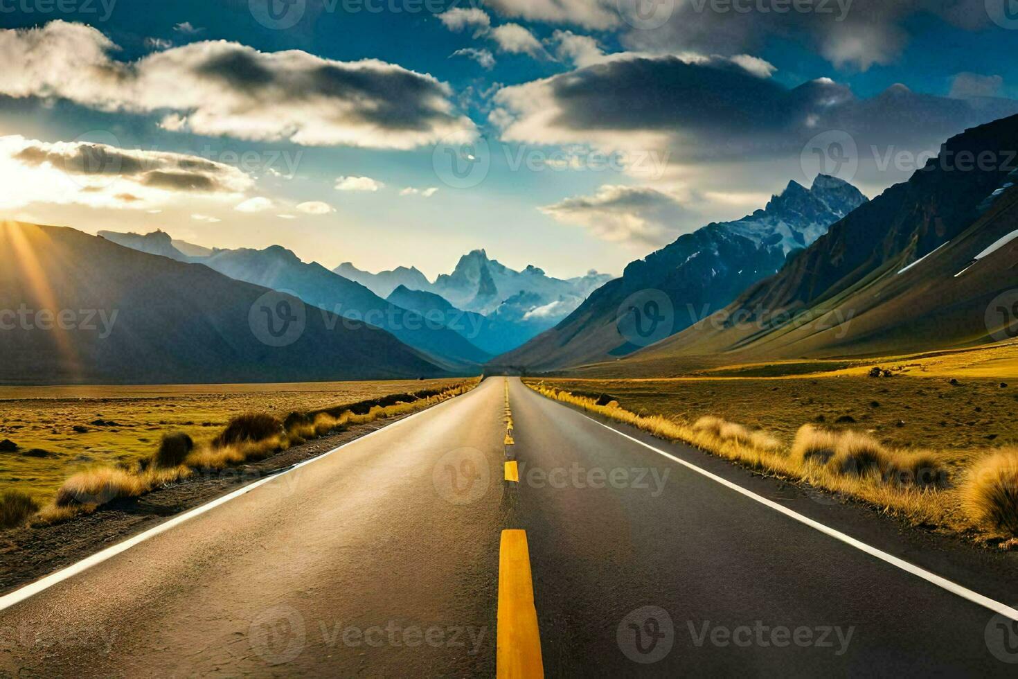 a long road with mountains in the background. AI-Generated photo