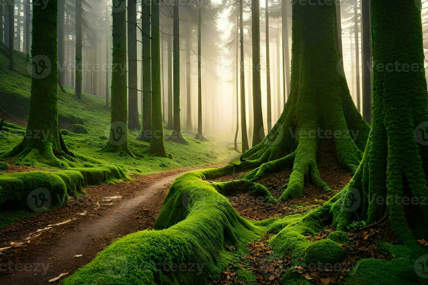 un camino mediante un bosque con cubierto de musgo arboles generado por ai foto