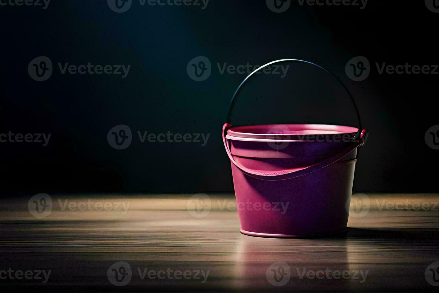 a pink bucket sitting on a wooden table. AI-Generated photo