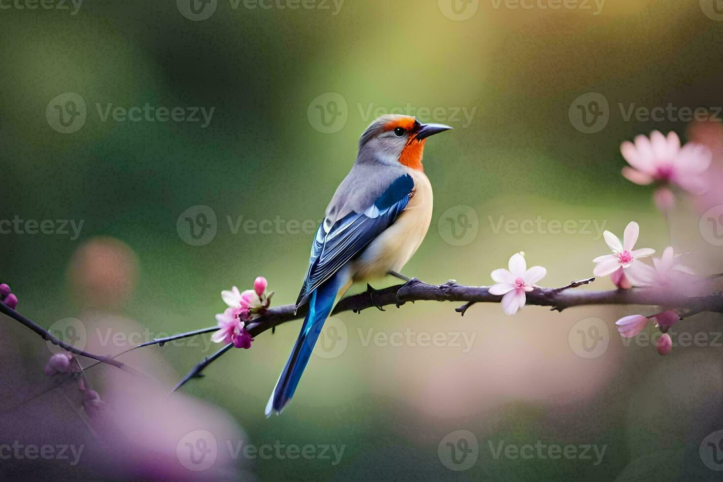 a bird sitting on a branch with pink flowers. AI-Generated photo