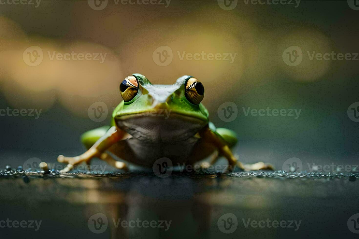 a frog sitting on the ground with a blurry background. AI-Generated photo