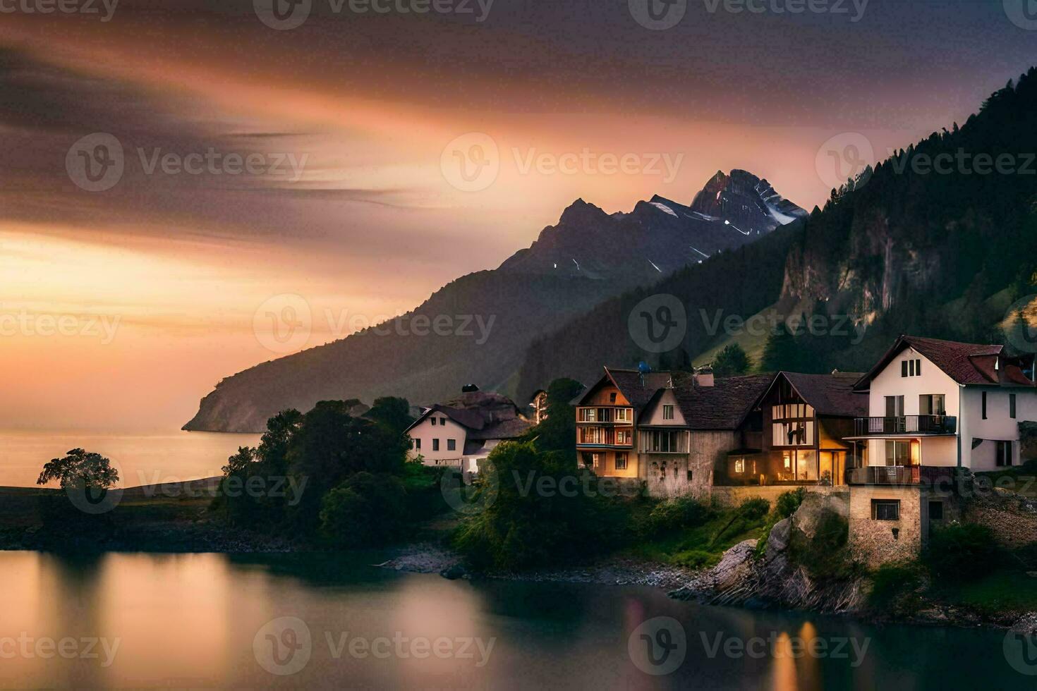 foto fondo de pantalla montañas, el cielo, agua, lago, casa, el montañas, el lago,. generado por ai