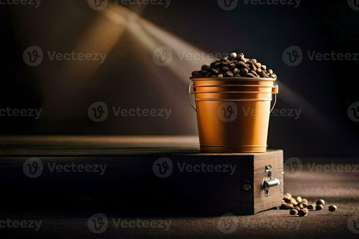 coffee beans in a bucket on a wooden table. AI-Generated photo