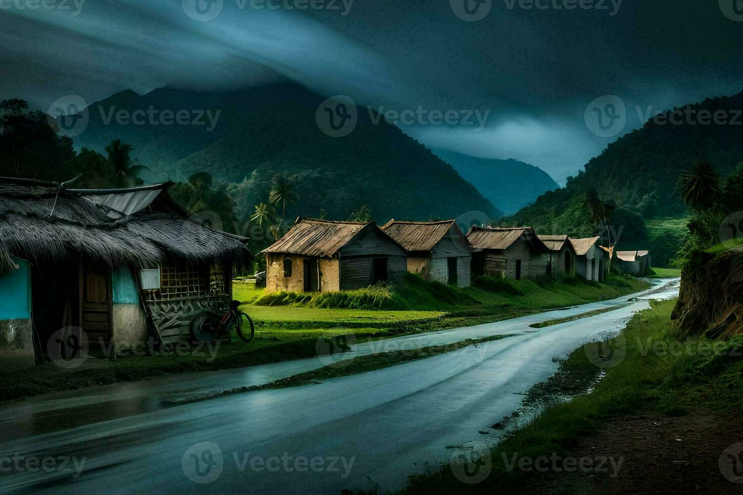 a village in the mountains with a stormy sky. AI-Generated photo