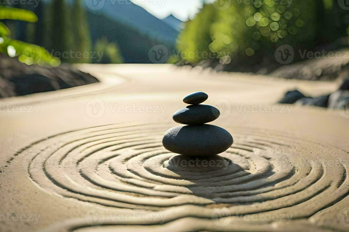 a stone is sitting on top of a spiral in the sand. AI-Generated photo