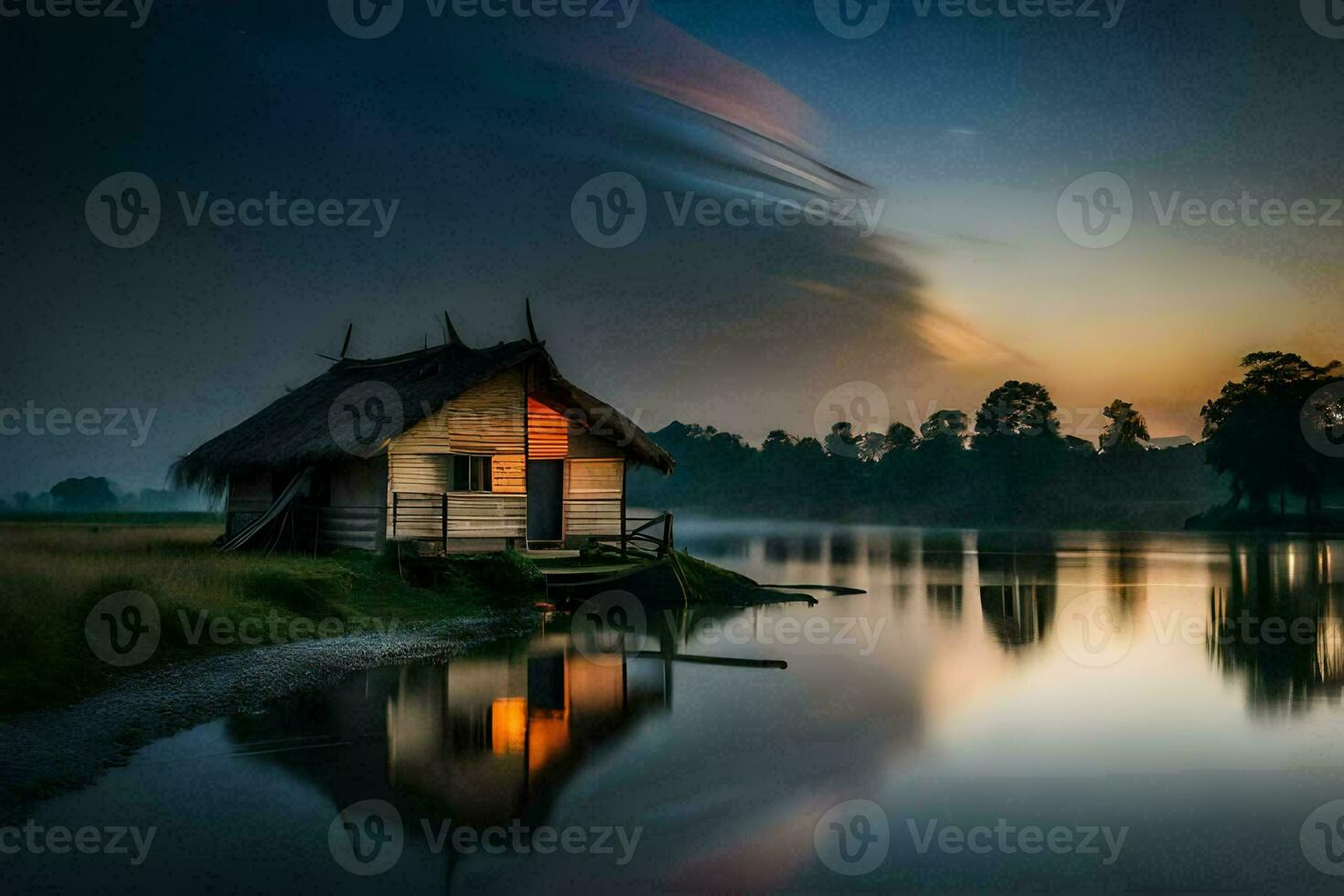 a small hut sits on the shore of a lake at sunset. AI-Generated photo