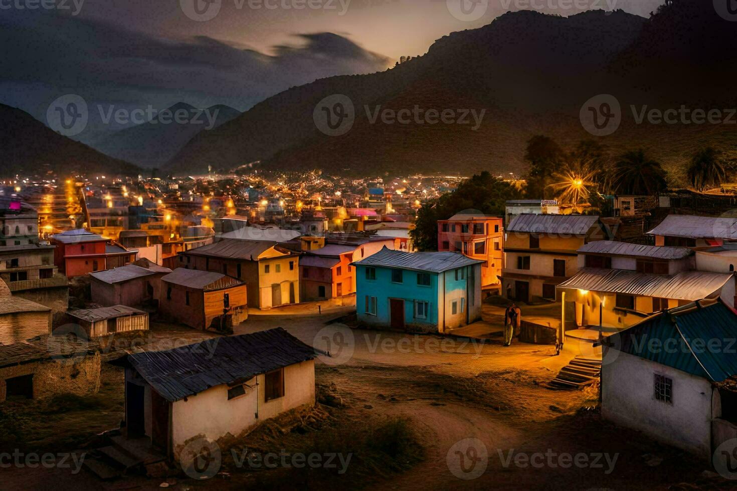 un pueblo a noche con vistoso casas generado por ai foto