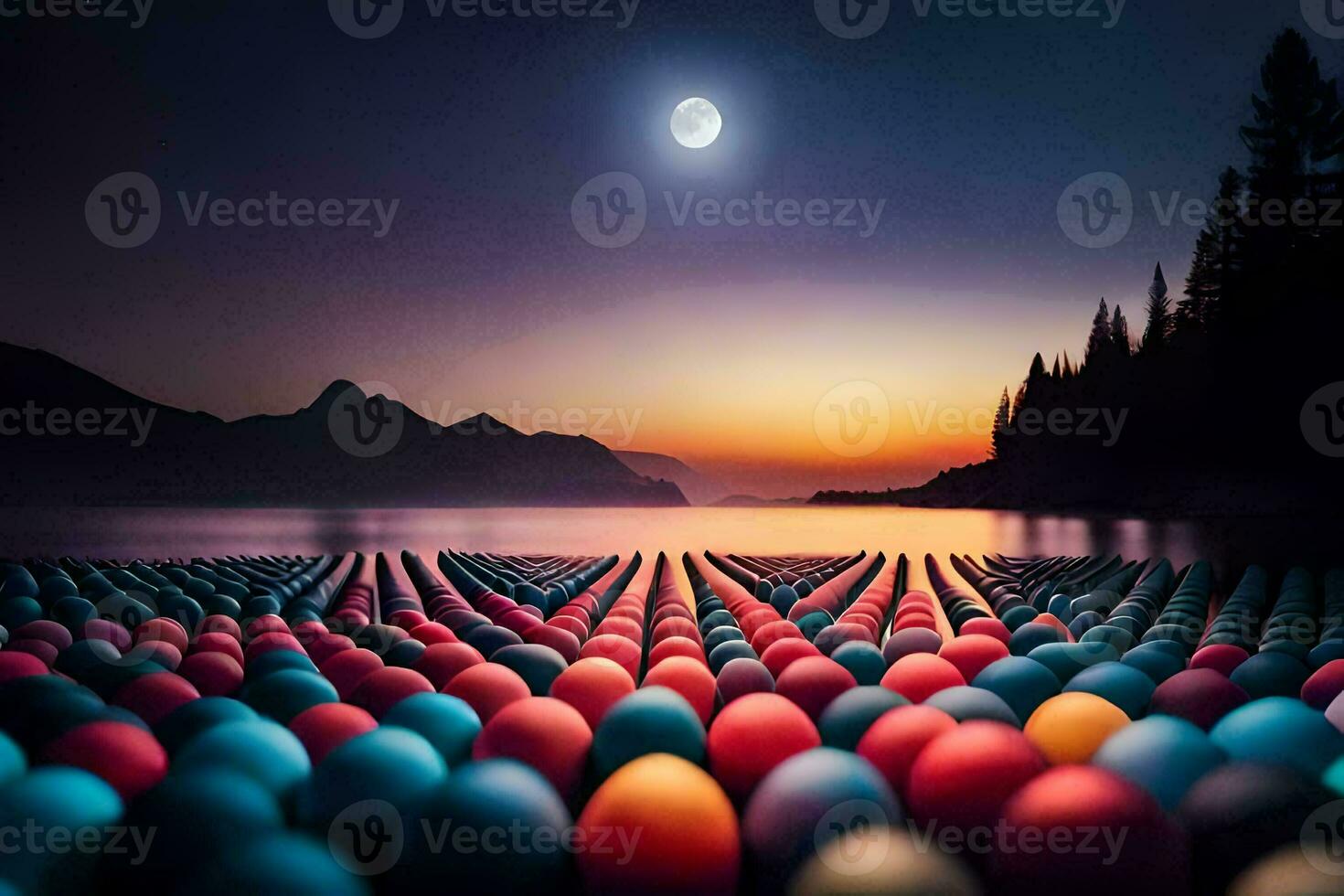 a large group of balls in the water at sunset. AI-Generated photo