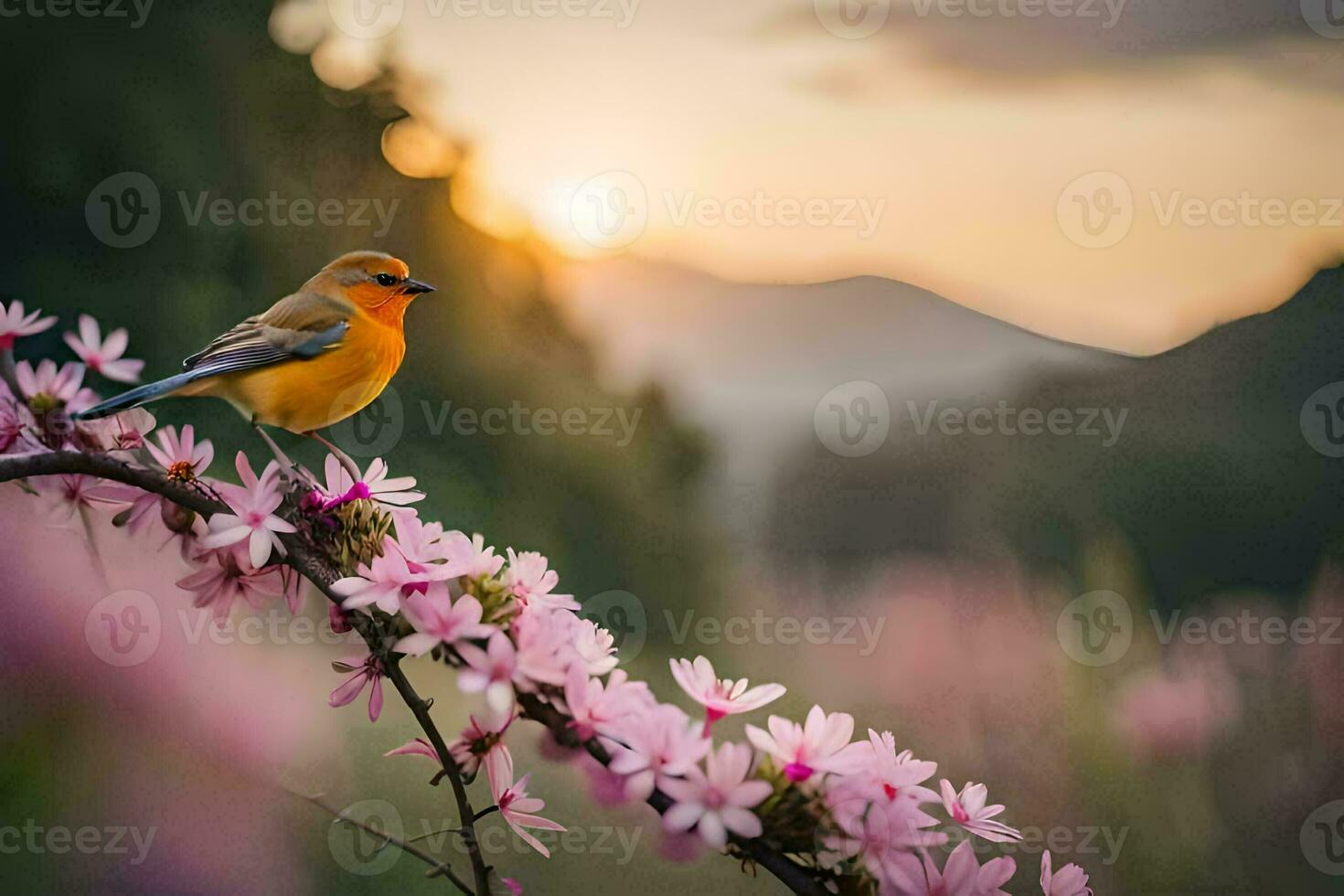 photo wallpaper the sky, flowers, bird, nature, the mountains, the sun, the birds. AI-Generated